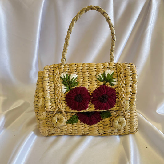 Red Marigold Kauna Grass Embroidery Handcrafted Handbag