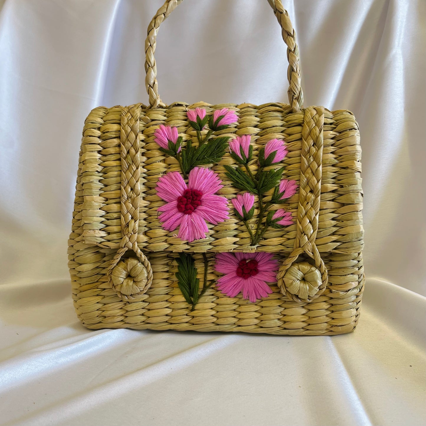 Pastel Pink Leaves Handcrafted Kauna Grass Embroidery Handbag