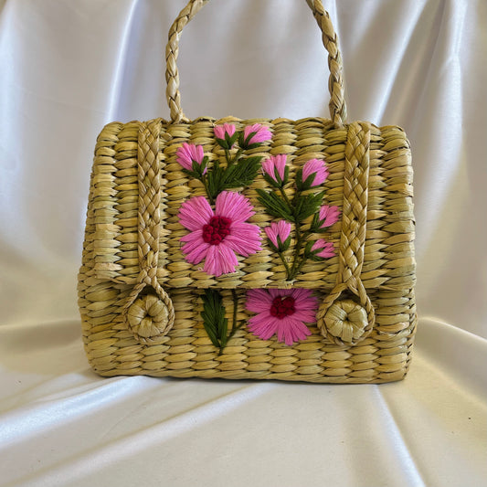 Pastel Pink Leaves Handcrafted Kauna Grass Embroidery Handbag