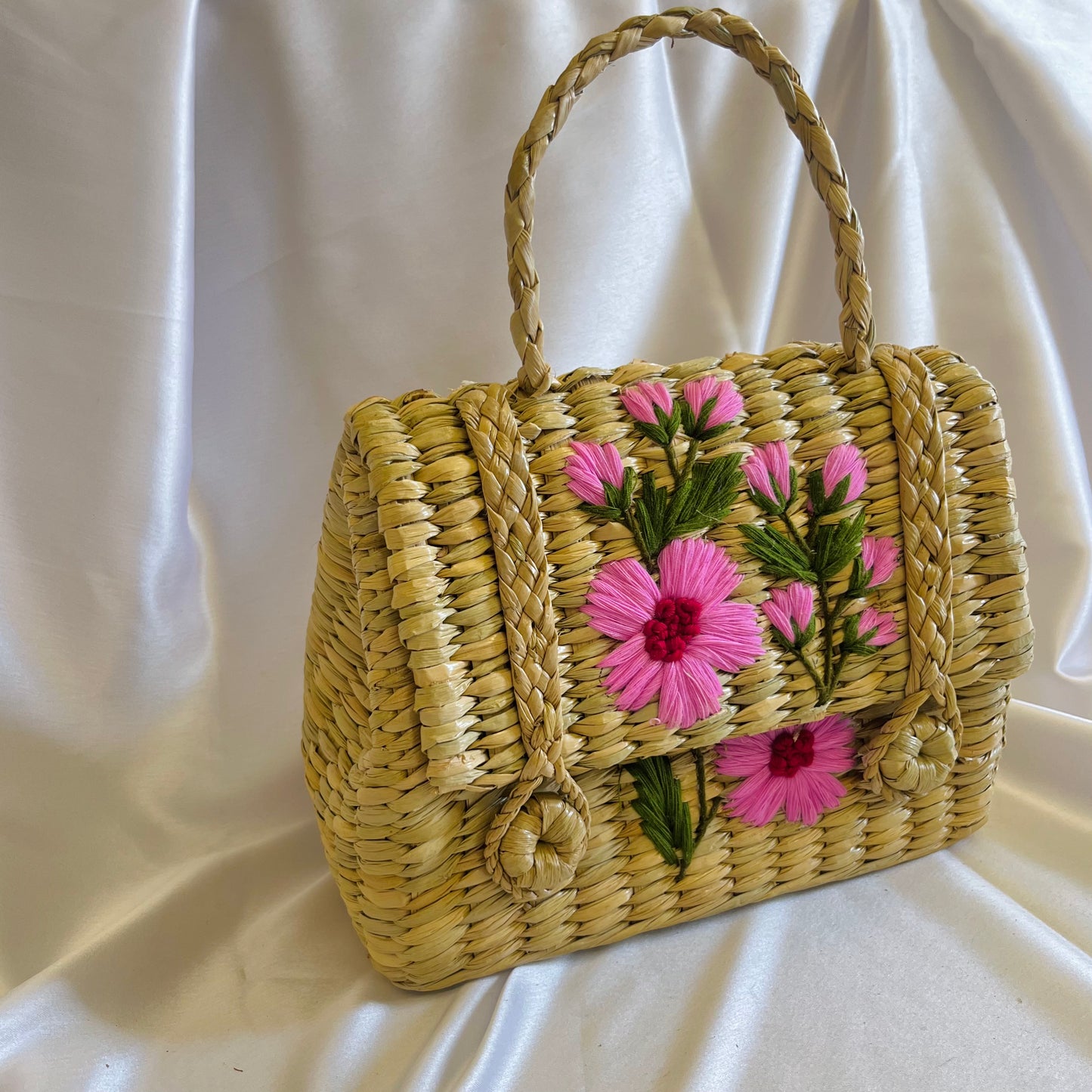 Pastel Pink Leaves Handcrafted Kauna Grass Embroidery Handbag