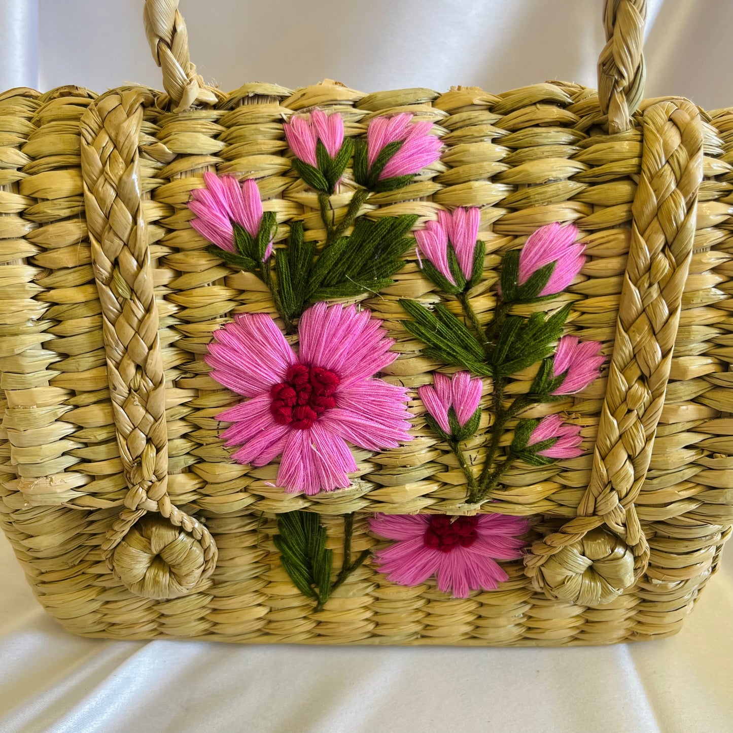 Pastel Pink Leaves Handcrafted Kauna Grass Embroidery Handbag