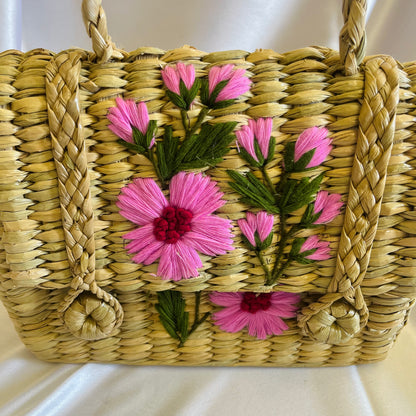 Pastel Pink Leaves Handcrafted Kauna Grass Embroidery Handbag