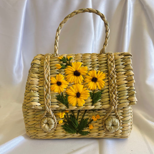 Daisy Yellow Handcrafted Kauna Grass Embroidery Handbag