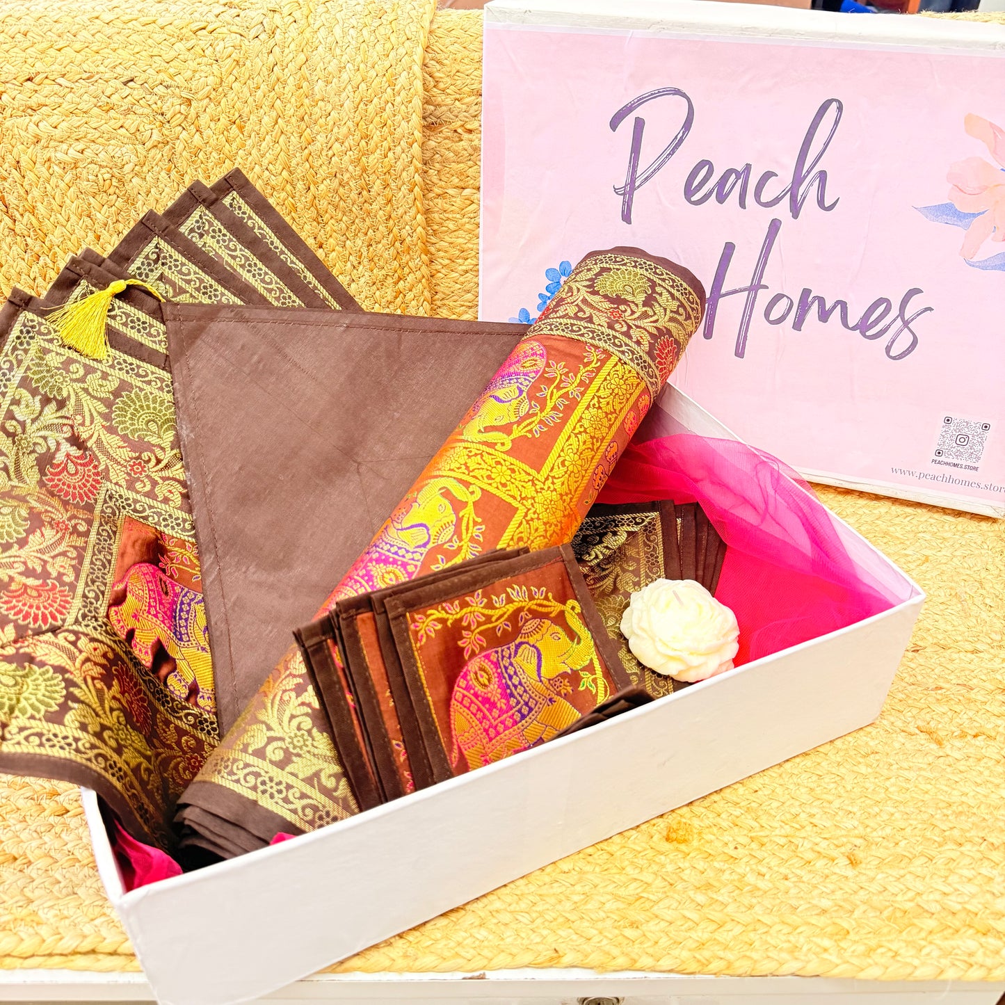 The Earth Luxe Table Set |Brown Banarasi Silk Dining Hamper