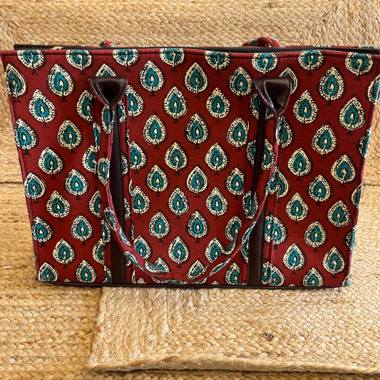 Red Green Leaf Handblock Printed Vegan Leather Laptop Bag