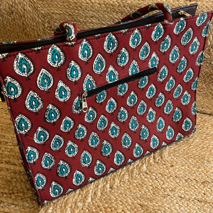 Red Green Leaf Handblock Printed Vegan Leather Laptop Bag