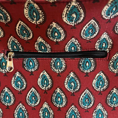 Red Green Leaf Handblock Printed Vegan Leather Laptop Bag