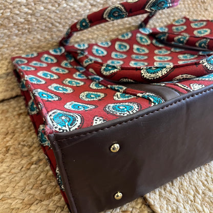 Red Green Leaf Handblock Printed Vegan Leather Laptop Bag