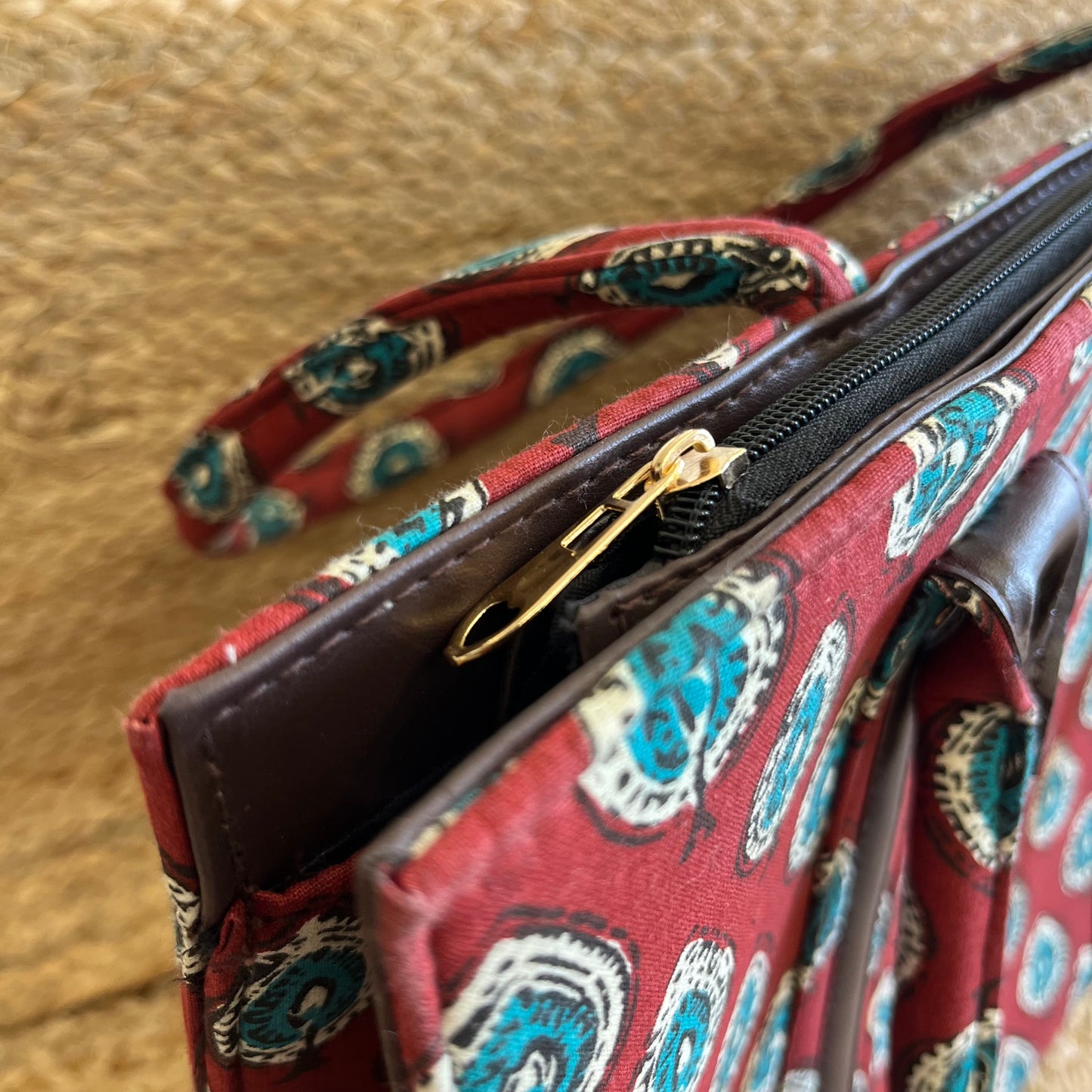 Red Green Leaf Handblock Printed Vegan Leather Laptop Bag