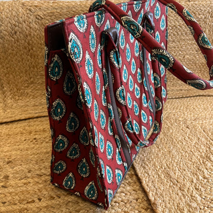 Red Green Leaf Handblock Printed Vegan Leather Laptop Bag