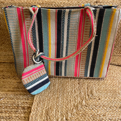 Multi-Color Stripes Handblock Printed Vegan Leather Laptop Bag