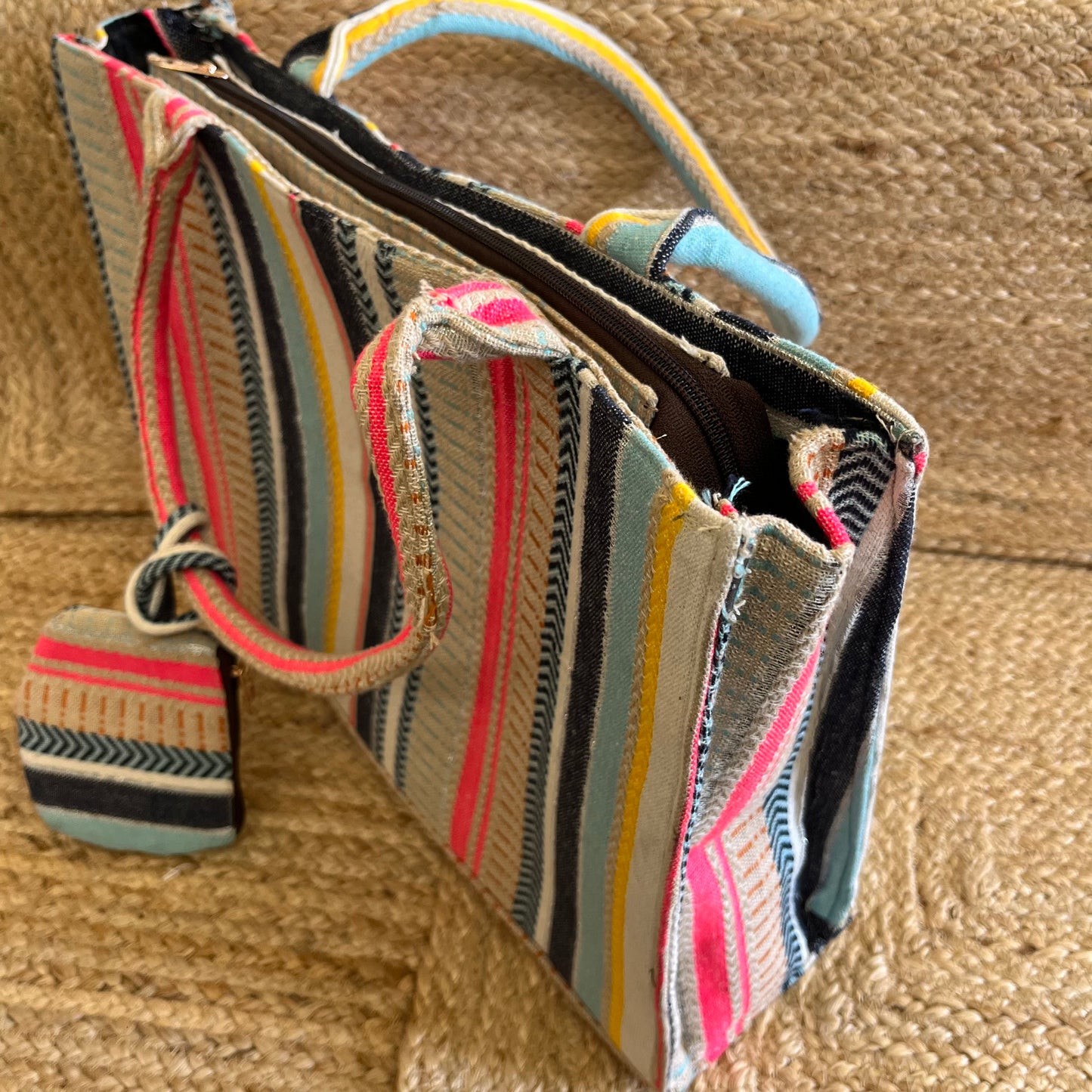 Multi-Color Stripes Handblock Printed Vegan Leather Laptop Bag