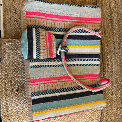Multi-Color Stripes Handblock Printed Vegan Leather Laptop Bag