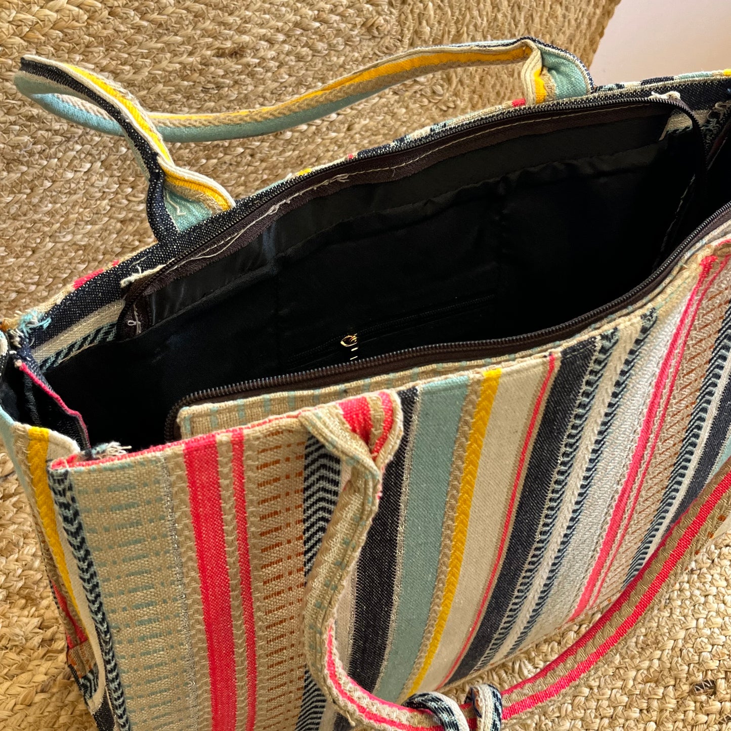 Multi-Color Stripes Handblock Printed Vegan Leather Laptop Bag