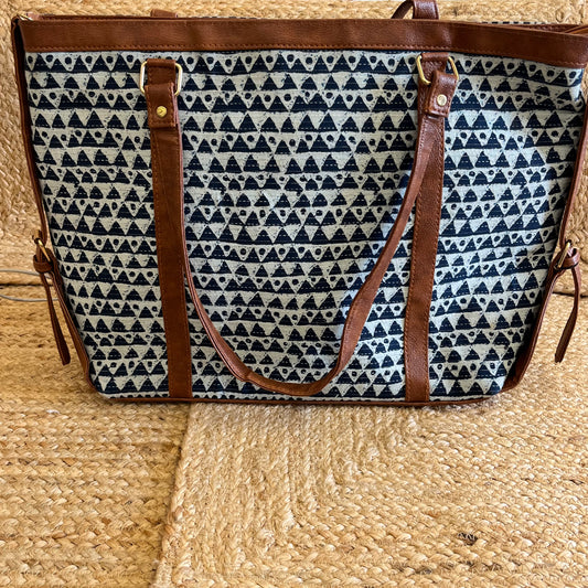 Blue Abstract Triangle Handblock Printed Vegan Leather Laptop Bag