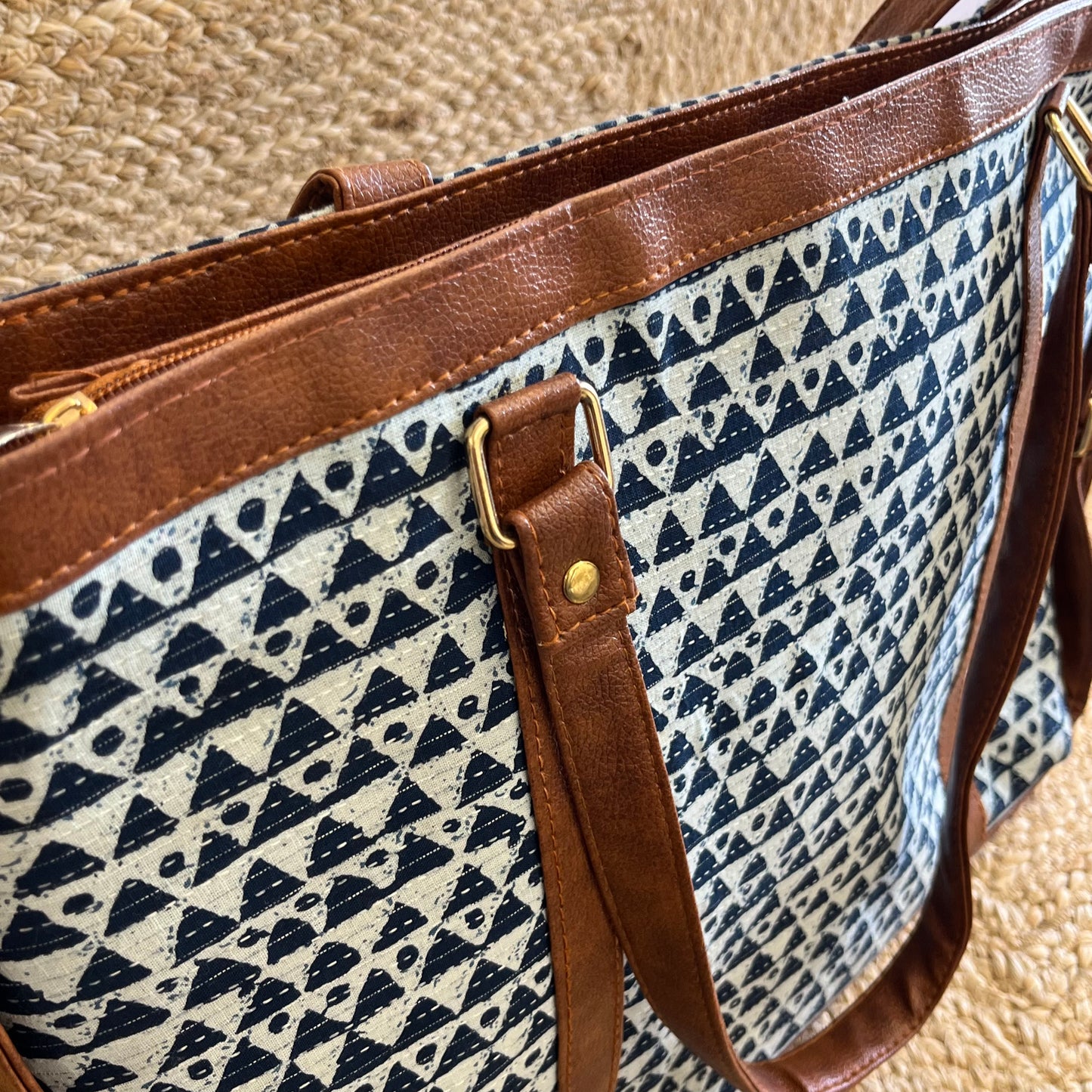 Blue Abstract Triangle Handblock Printed Vegan Leather Laptop Bag