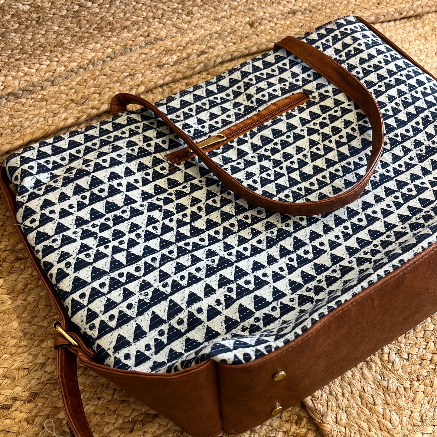 Blue Abstract Triangle Handblock Printed Vegan Leather Laptop Bag