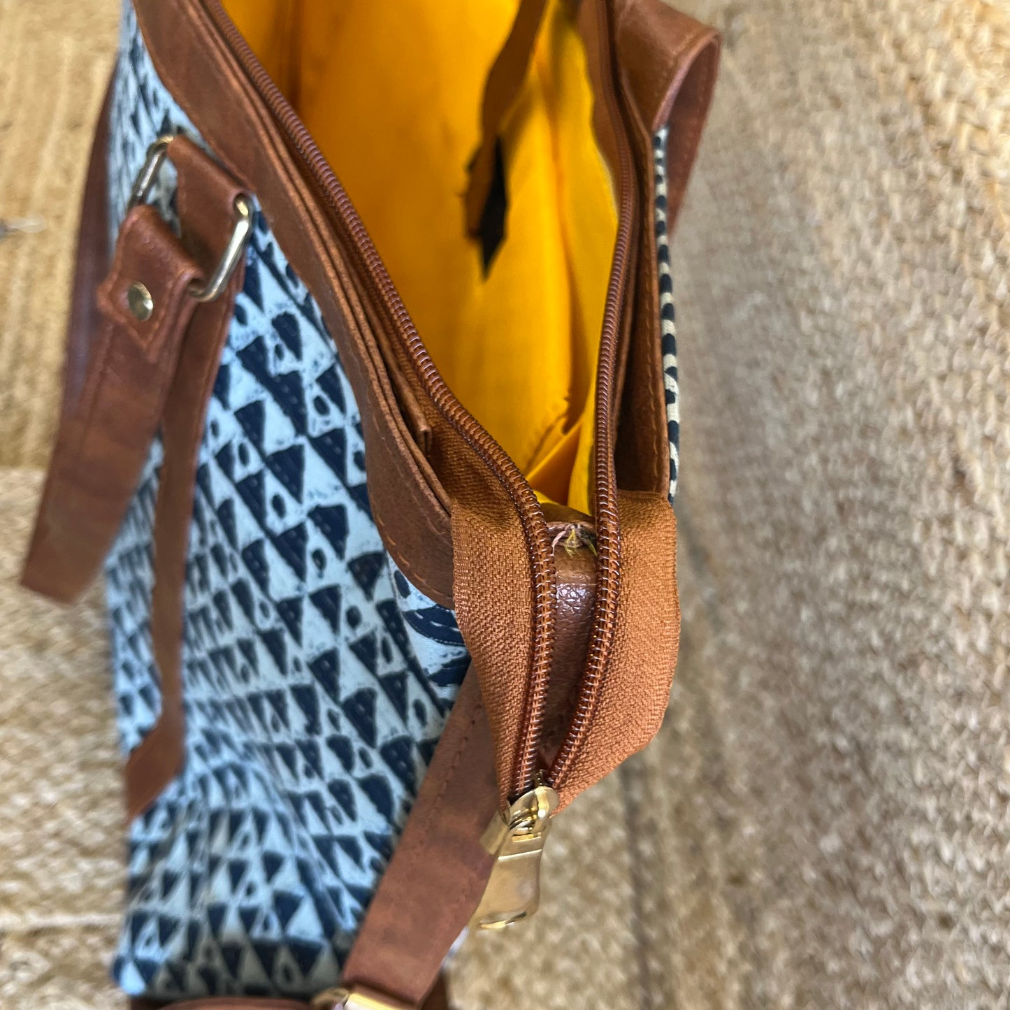 Blue Abstract Triangle Handblock Printed Vegan Leather Laptop Bag