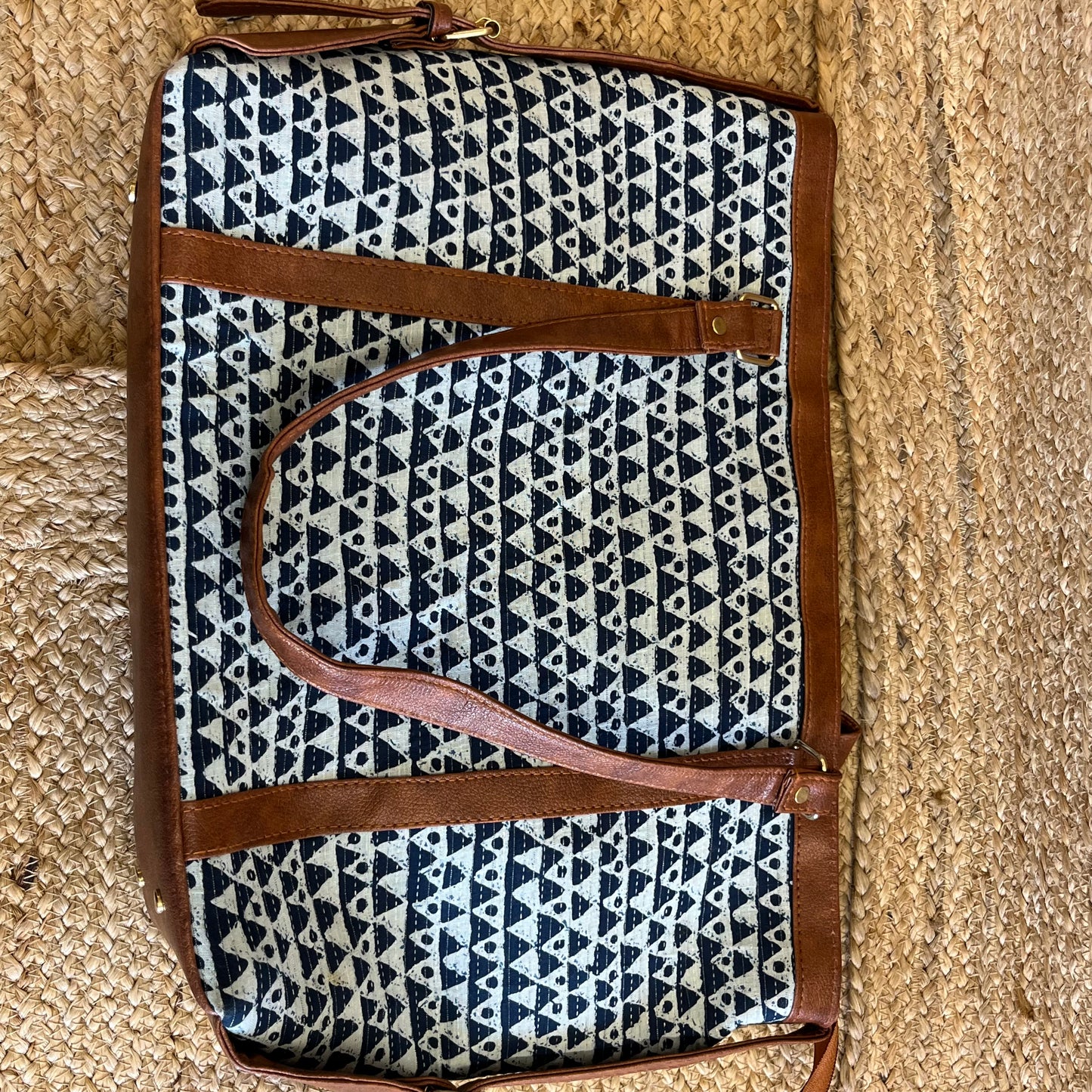 Blue Abstract Triangle Handblock Printed Vegan Leather Laptop Bag