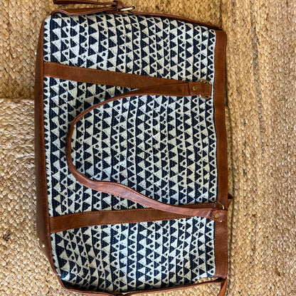 Blue Abstract Triangle Handblock Printed Vegan Leather Laptop Bag