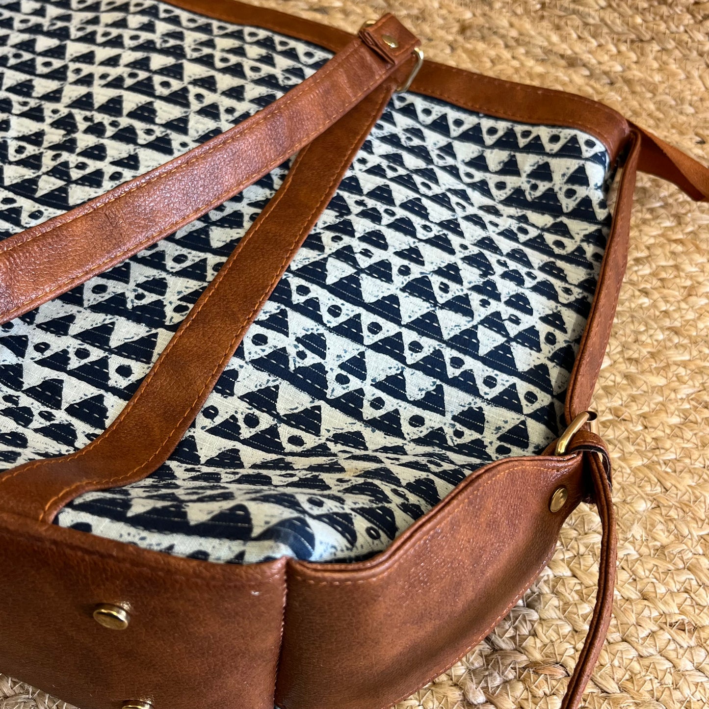 Blue Abstract Triangle Handblock Printed Vegan Leather Laptop Bag
