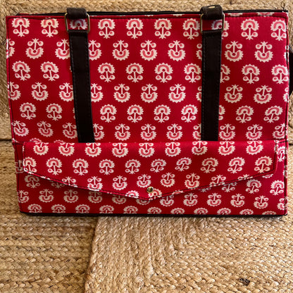 Pretty Red Handblock Printed Vegan Leather Laptop Bag