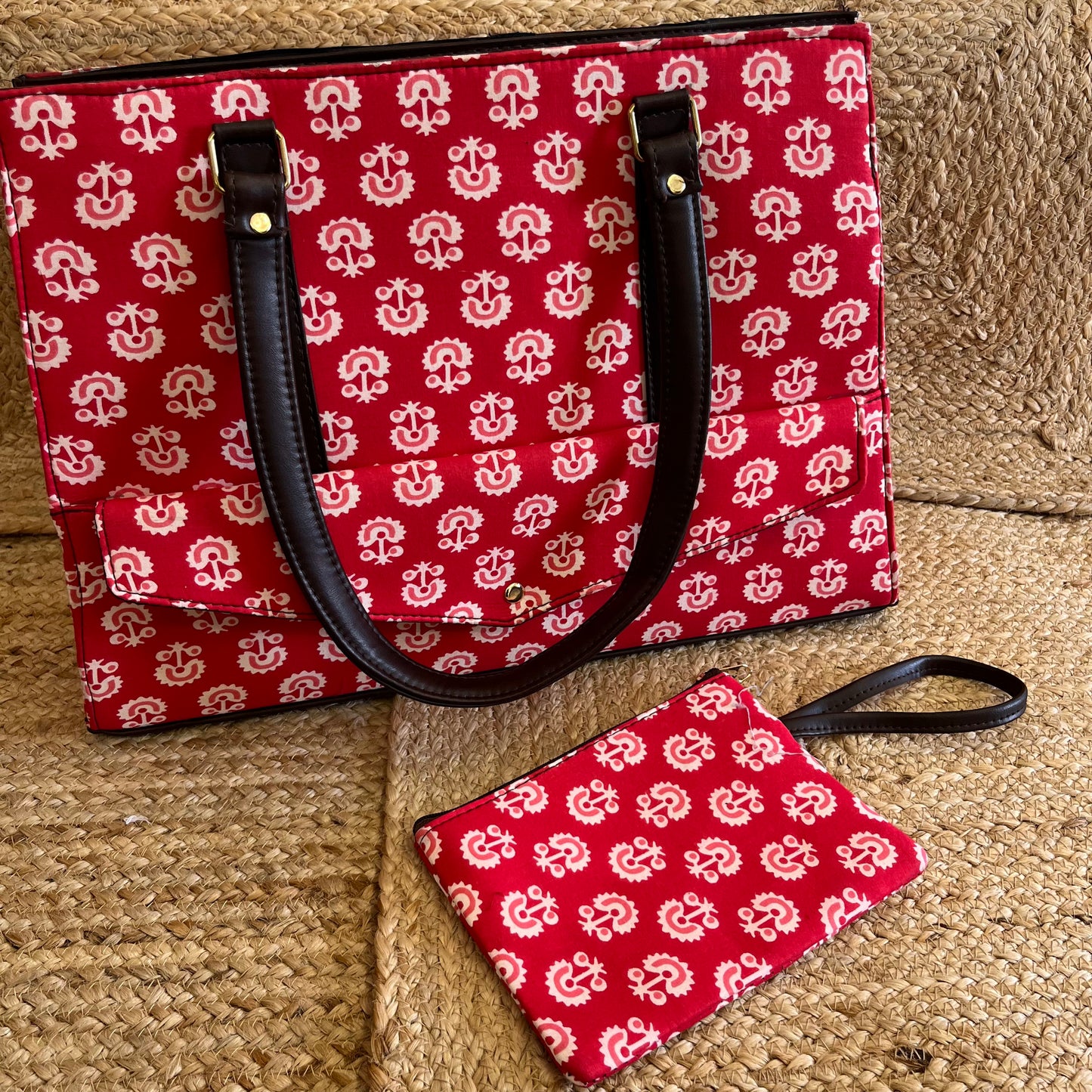 Pretty Red Handblock Printed Vegan Leather Laptop Bag