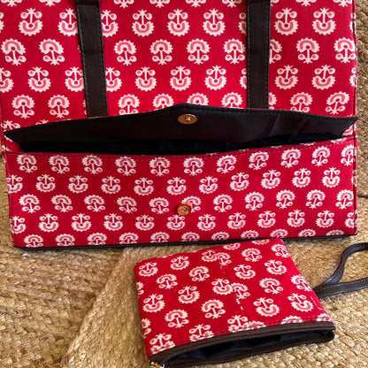 Pretty Red Handblock Printed Vegan Leather Laptop Bag