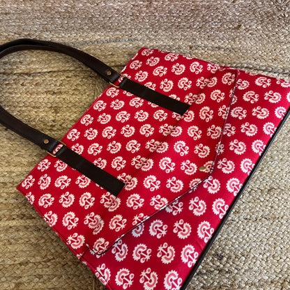 Pretty Red Handblock Printed Vegan Leather Laptop Bag