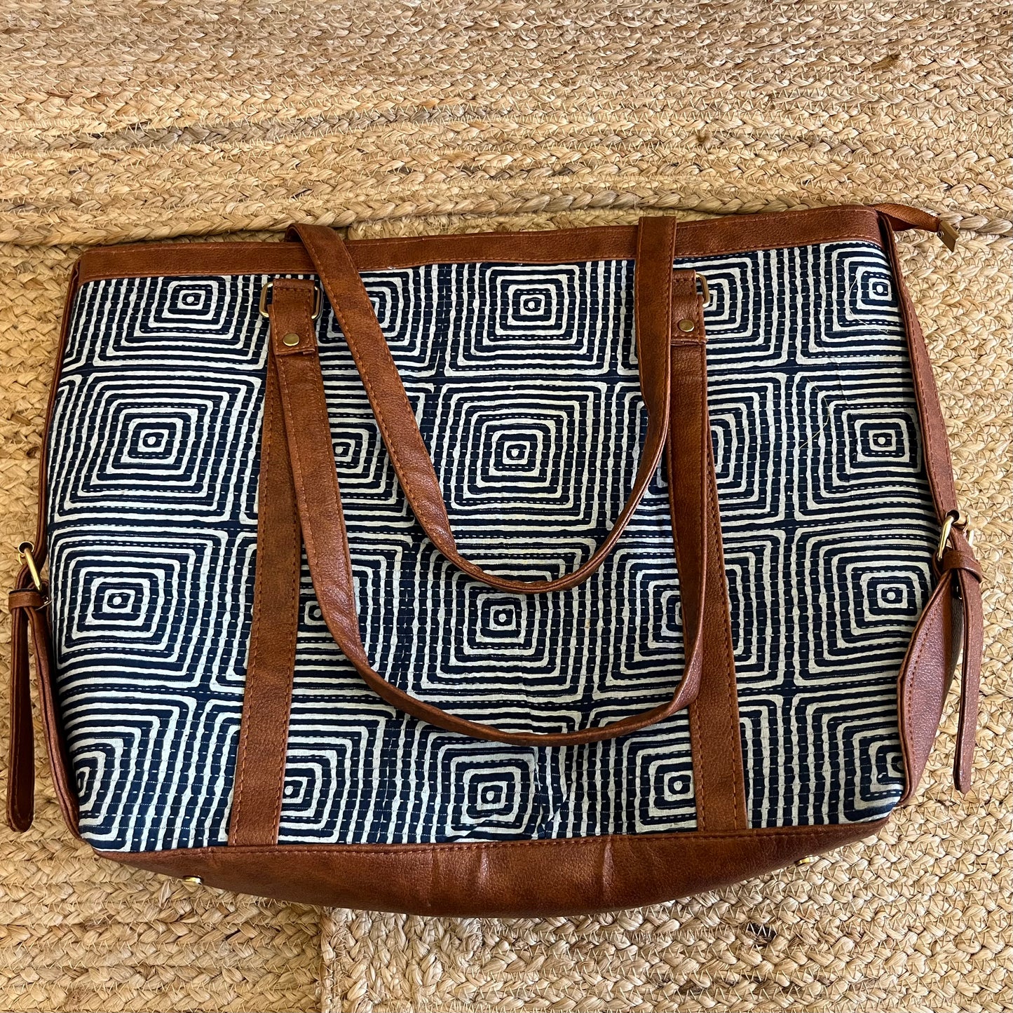 Blue Abstract Square Handblock Printed Vegan Leather Laptop Bag