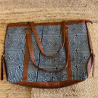 Blue Abstract Square Handblock Printed Vegan Leather Laptop Bag