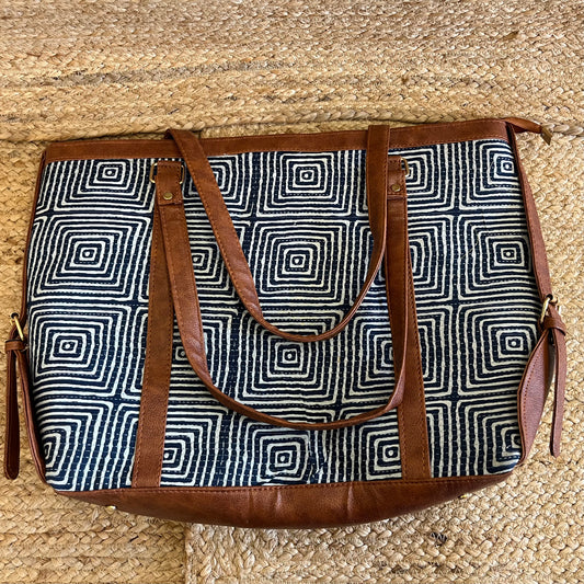 Blue Abstract Square Handblock Printed Vegan Leather Laptop Bag