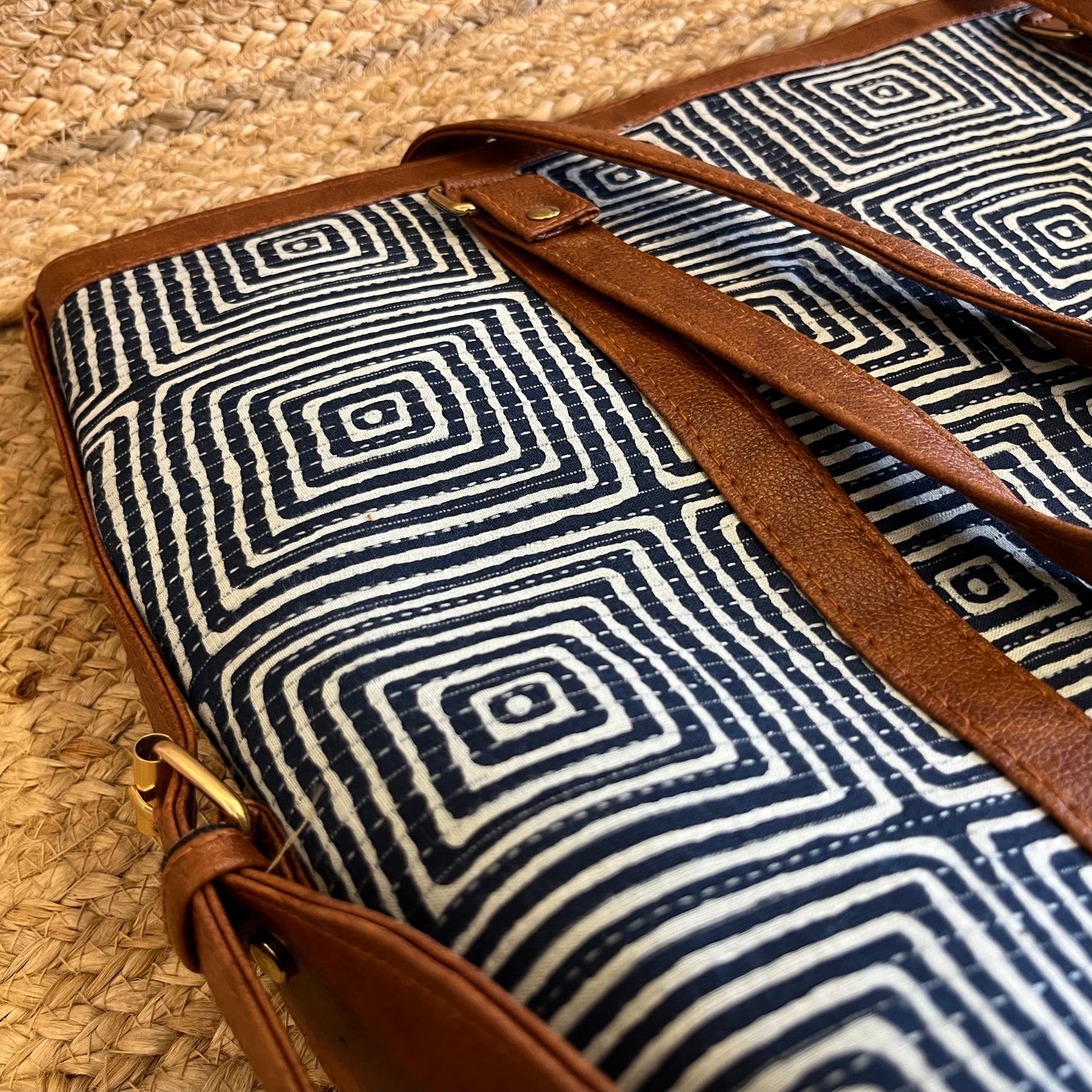 Blue Abstract Square Handblock Printed Vegan Leather Laptop Bag