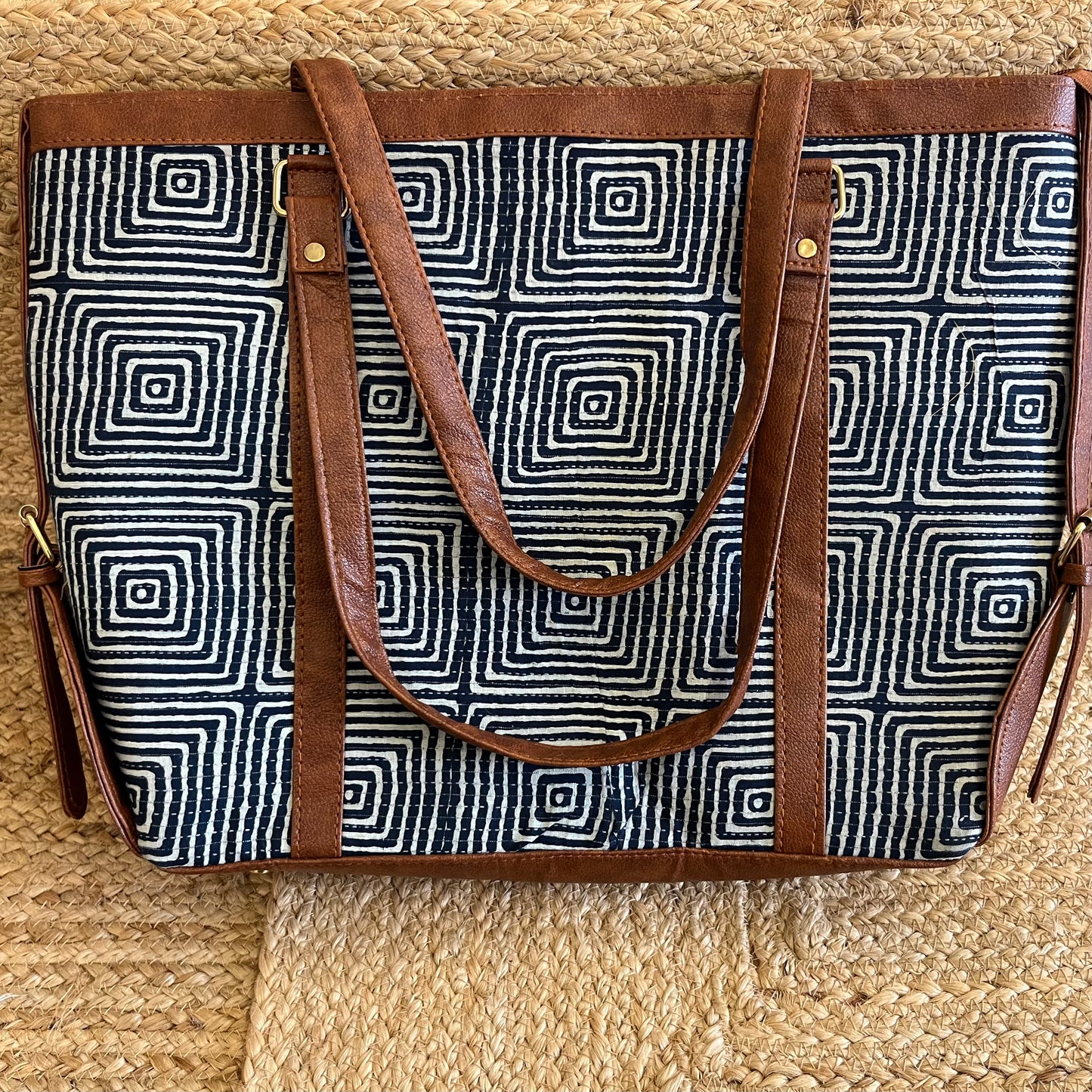 Blue Abstract Square Handblock Printed Vegan Leather Laptop Bag