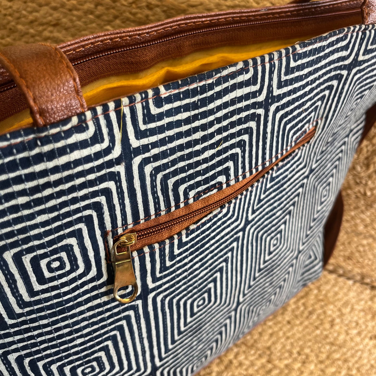 Blue Abstract Square Handblock Printed Vegan Leather Laptop Bag