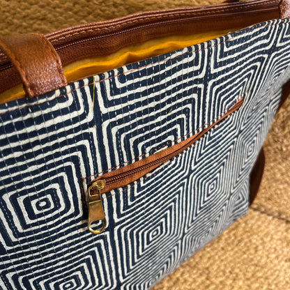 Blue Abstract Square Handblock Printed Vegan Leather Laptop Bag