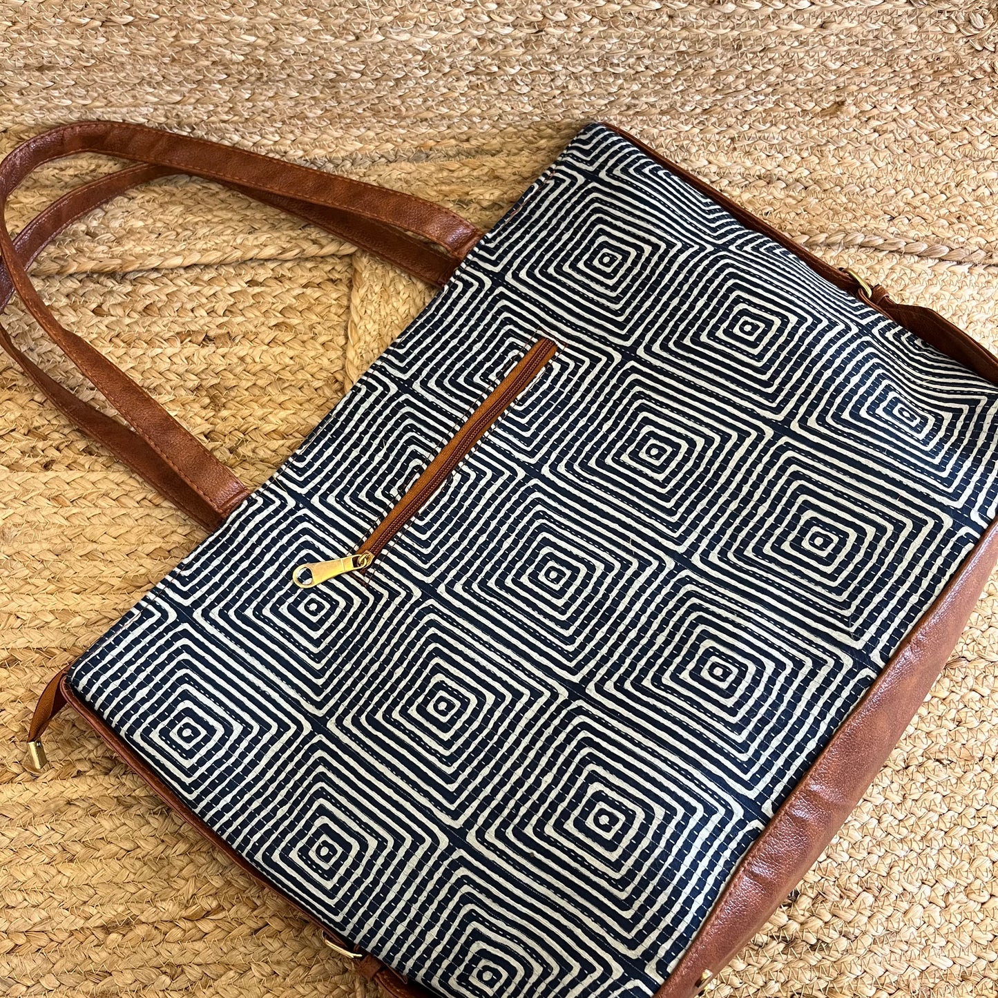Blue Abstract Square Handblock Printed Vegan Leather Laptop Bag
