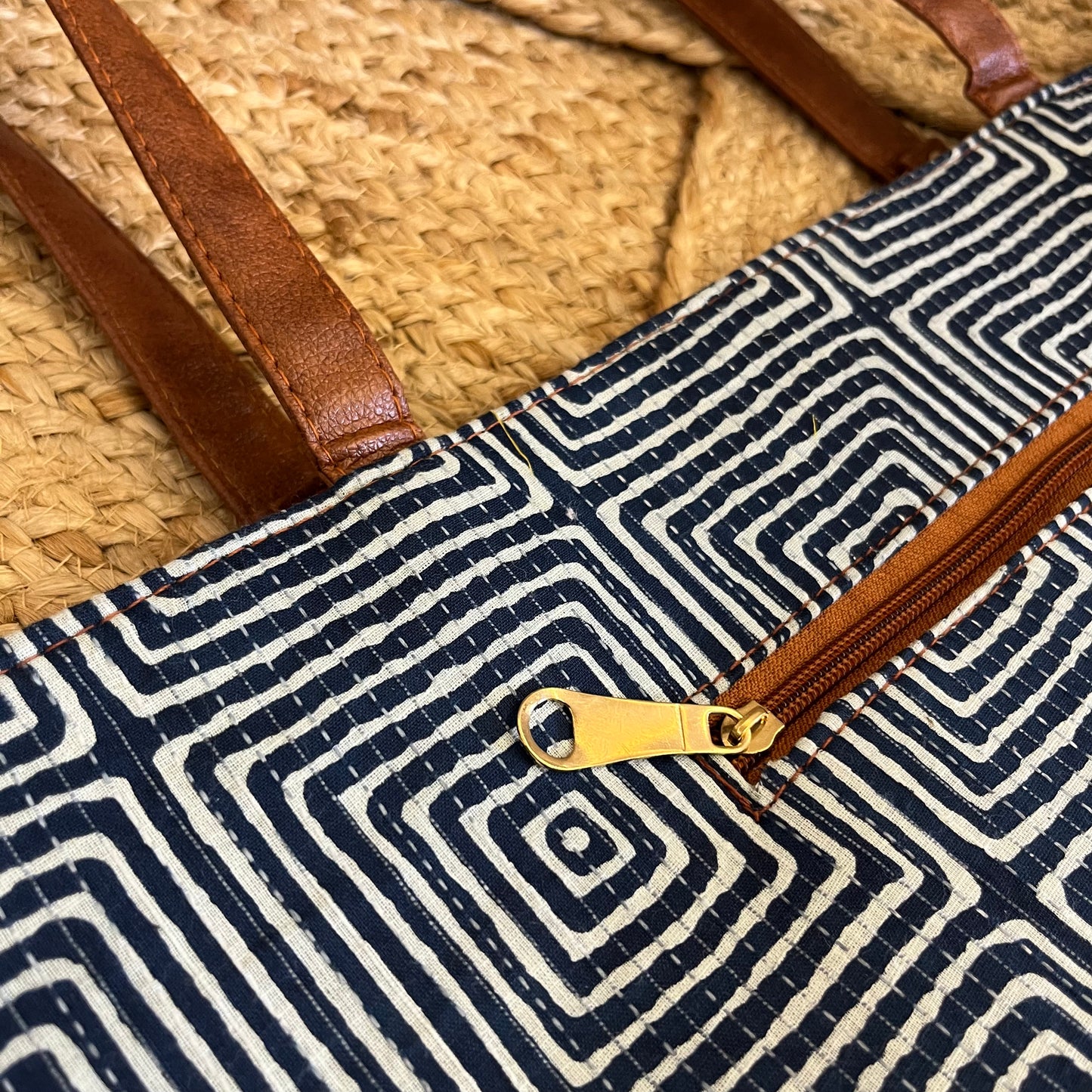 Blue Abstract Square Handblock Printed Vegan Leather Laptop Bag