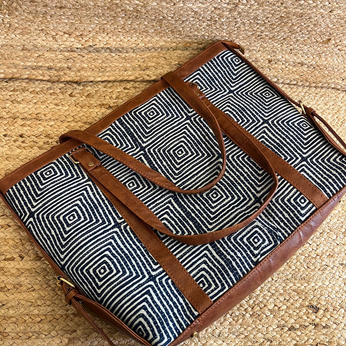 Blue Abstract Square Handblock Printed Vegan Leather Laptop Bag
