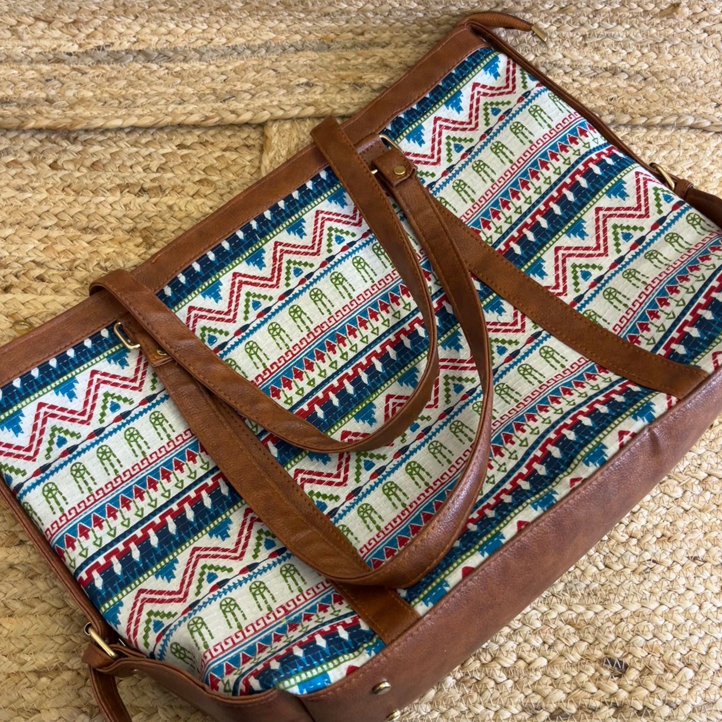 Tribal Print Handblock Printed Vegan Leather Laptop Bag
