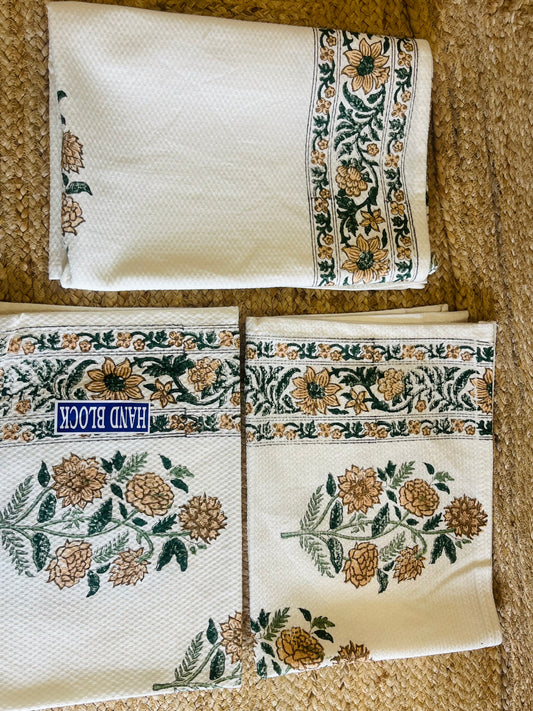 Yellow Marigold Handblock Waffle Cotton Towel Set