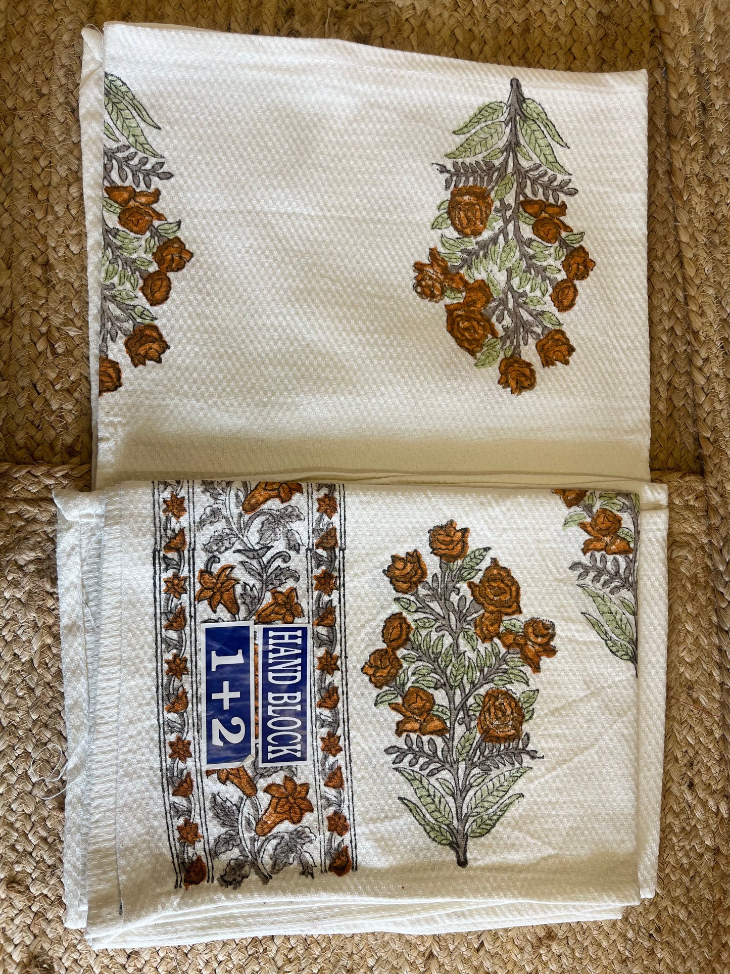 Brown Floral Handblock Waffle Cotton Towel Set