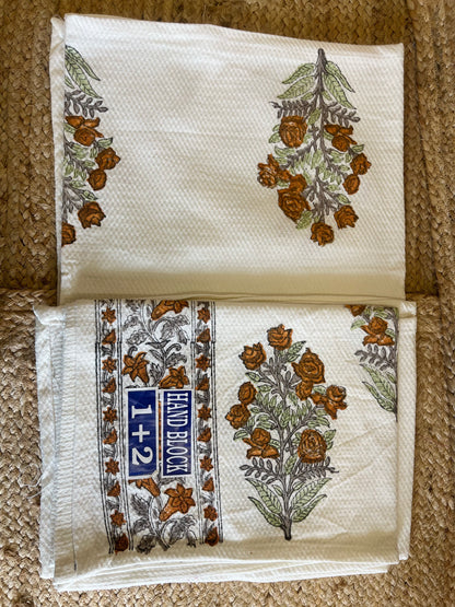 Brown Floral Handblock Waffle Cotton Towel Set