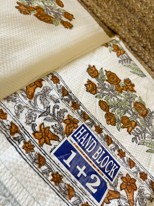 Brown Floral Handblock Waffle Cotton Towel Set