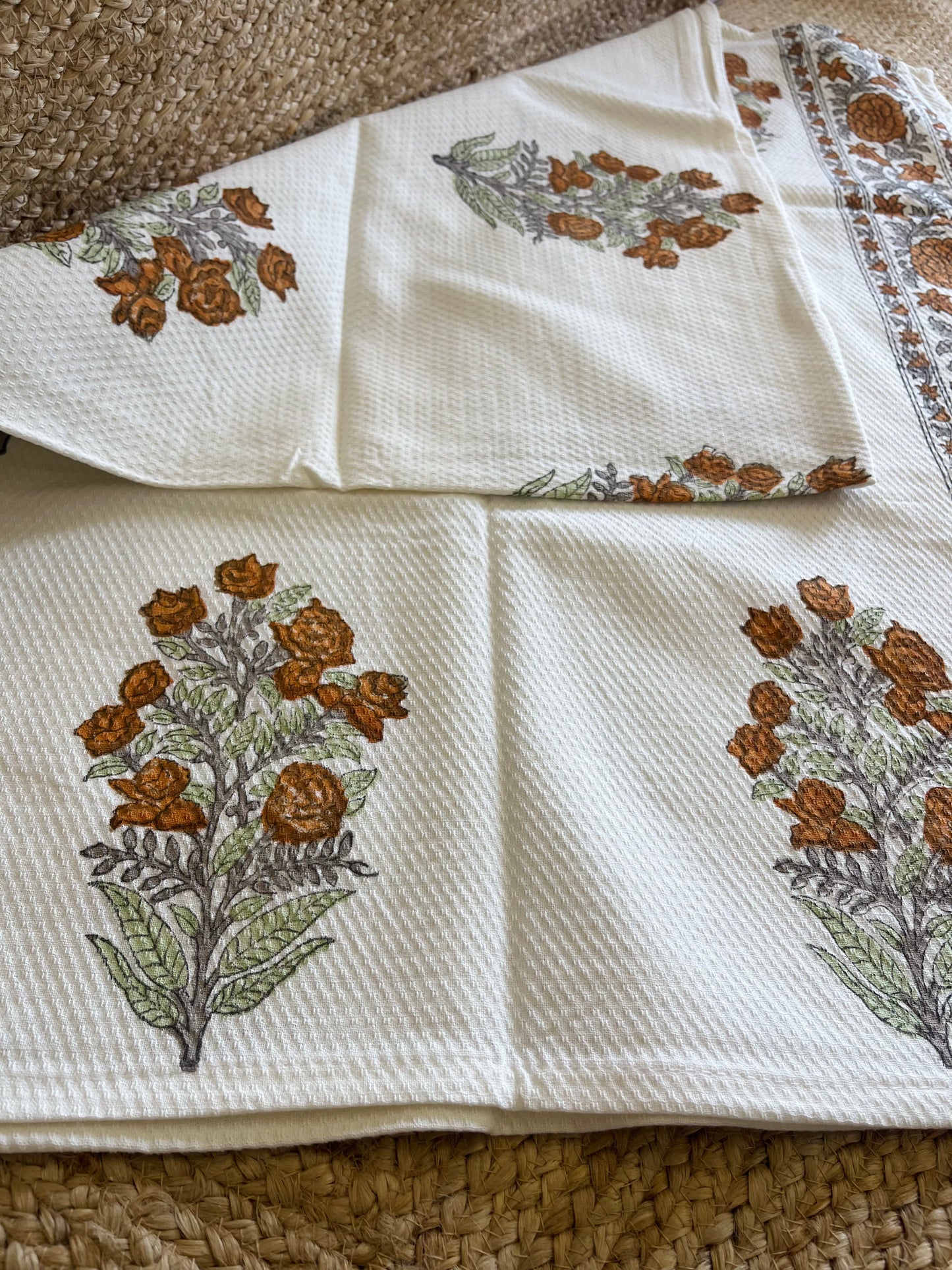 Brown Floral Handblock Waffle Cotton Towel Set