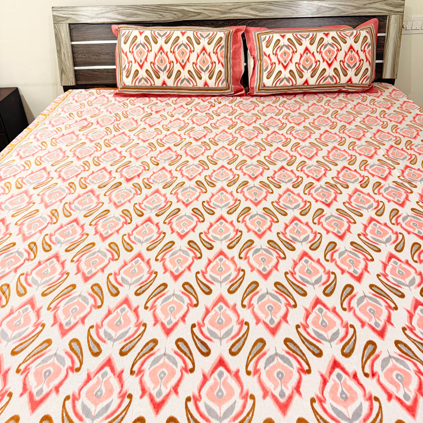 Peach Ikkat cotton Festive  Double Bedsheet