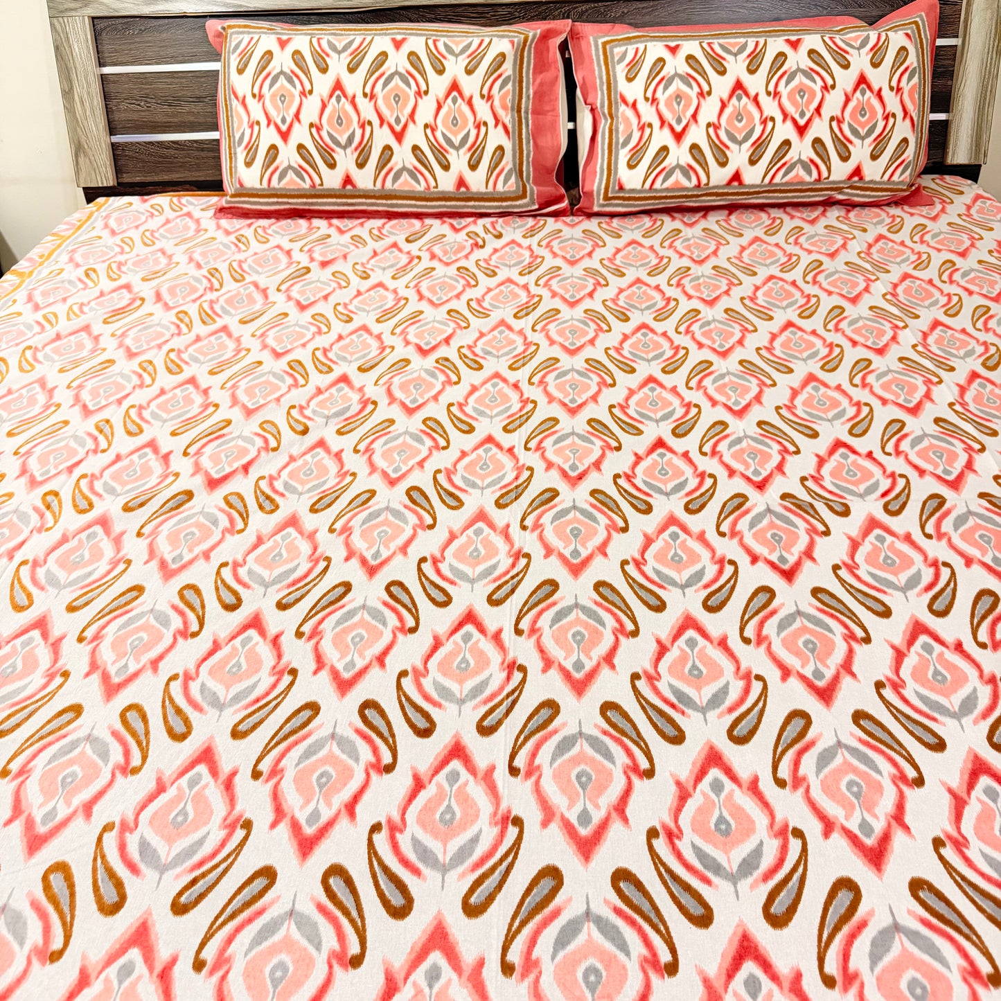 Peach Ikkat cotton Festive  Double Bedsheet
