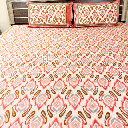 Peach Ikkat cotton Festive  Double Bedsheet