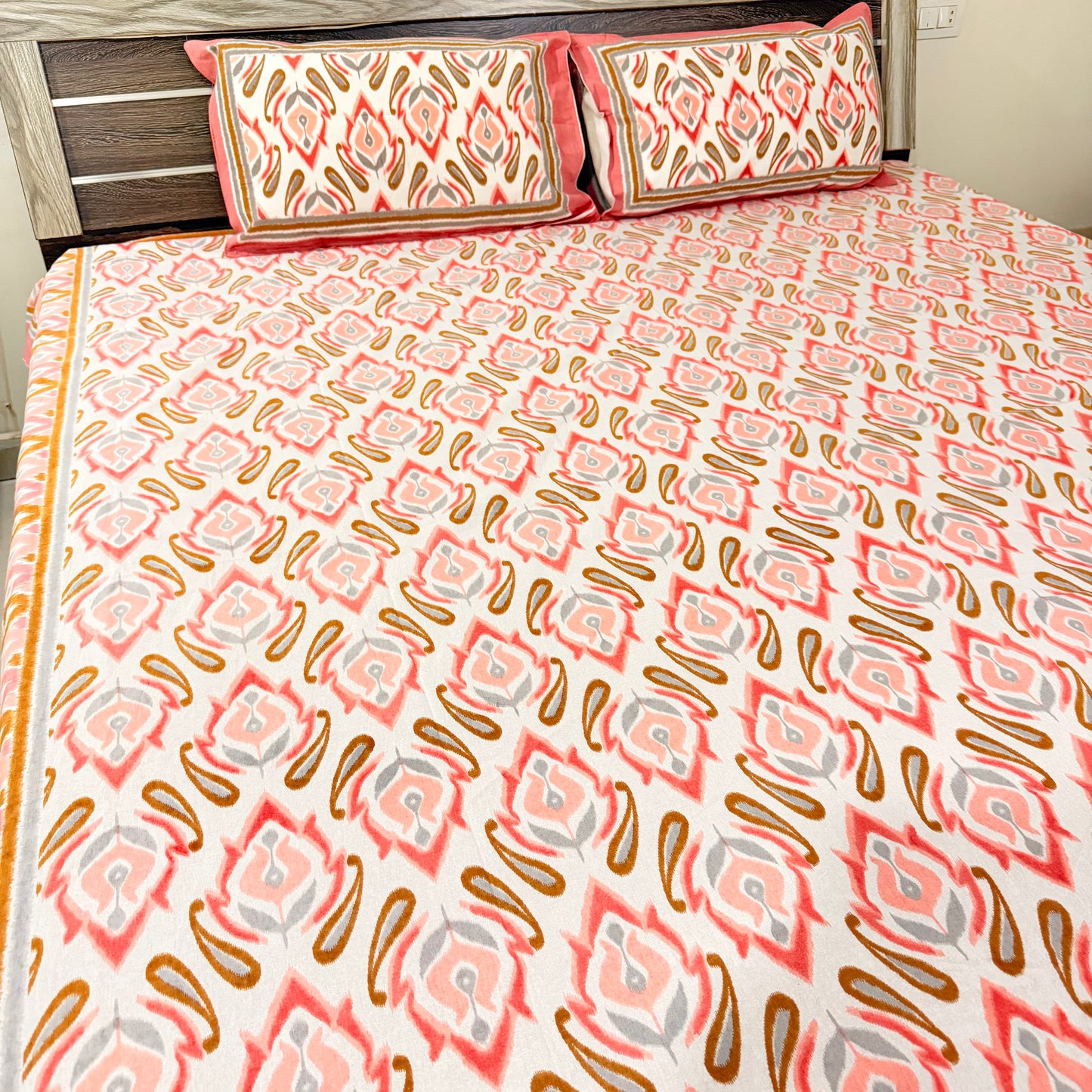 Peach Ikkat cotton Festive  Double Bedsheet