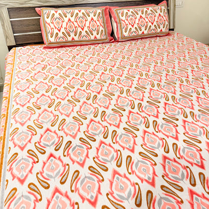 Peach Ikkat cotton Festive  Double Bedsheet